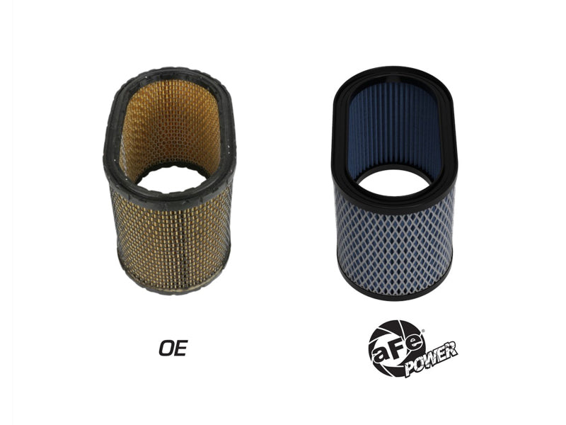 aFe Magnum FLOW round racing air filter for Weber IDA 48 carburetors, showcasing a performance filter alongside an OE filter.