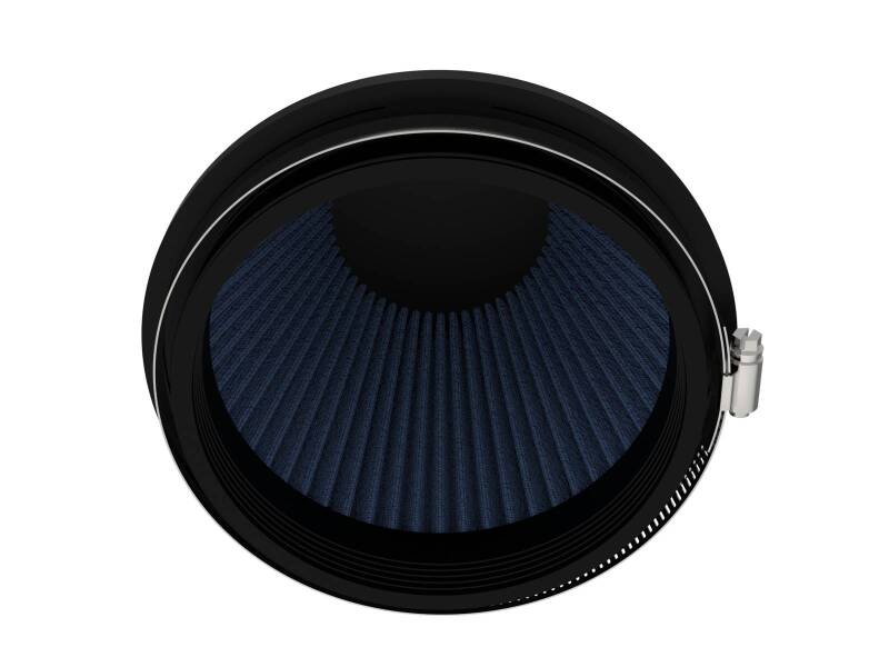 Universal air filter with a black exterior and blue pleated interior, designed for enhanced airflow and filtration.