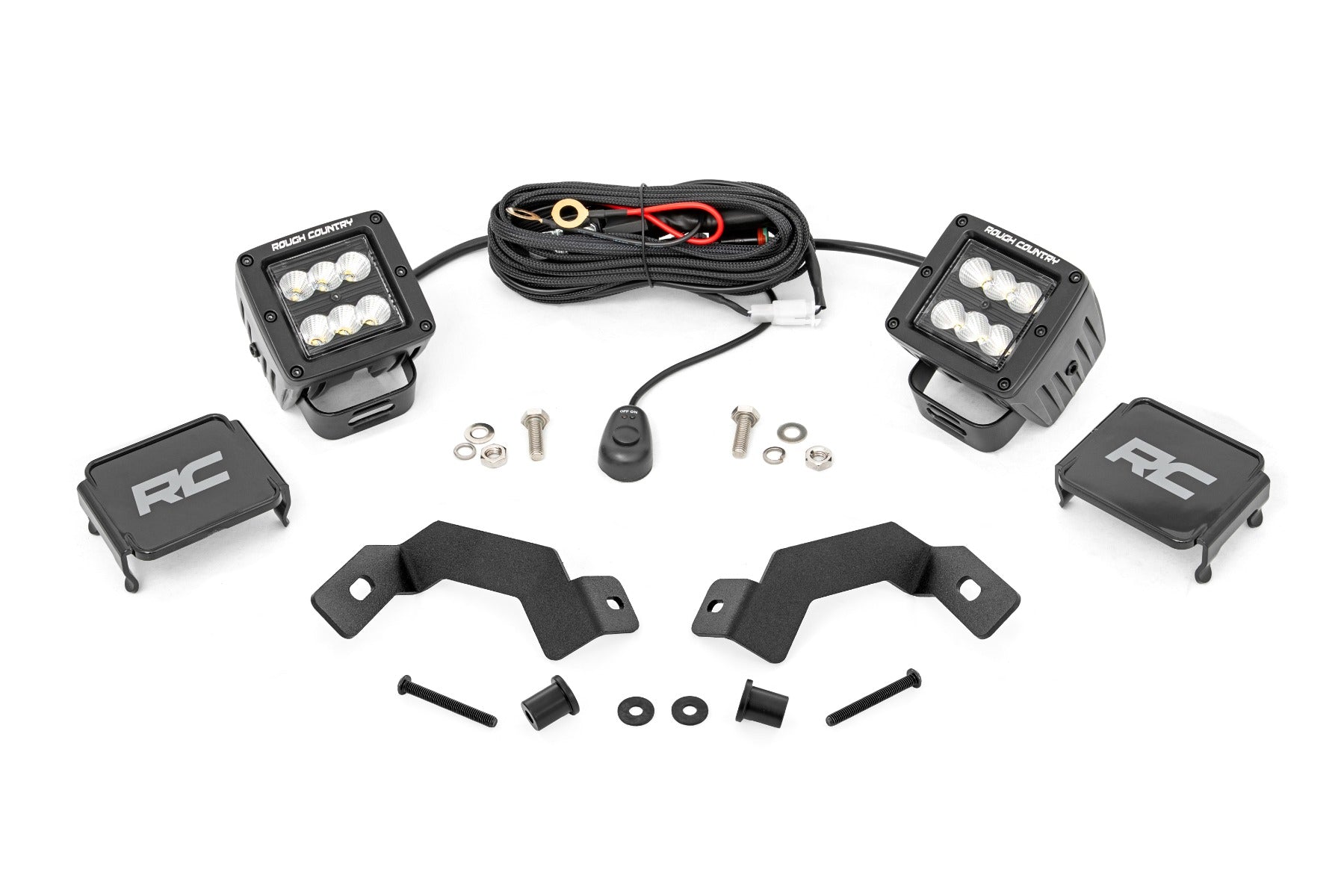 LED Light Kit Ditch Mount 2 Inch Black Pair Flood Toyota Land Cruiser (24-26) Rough Country