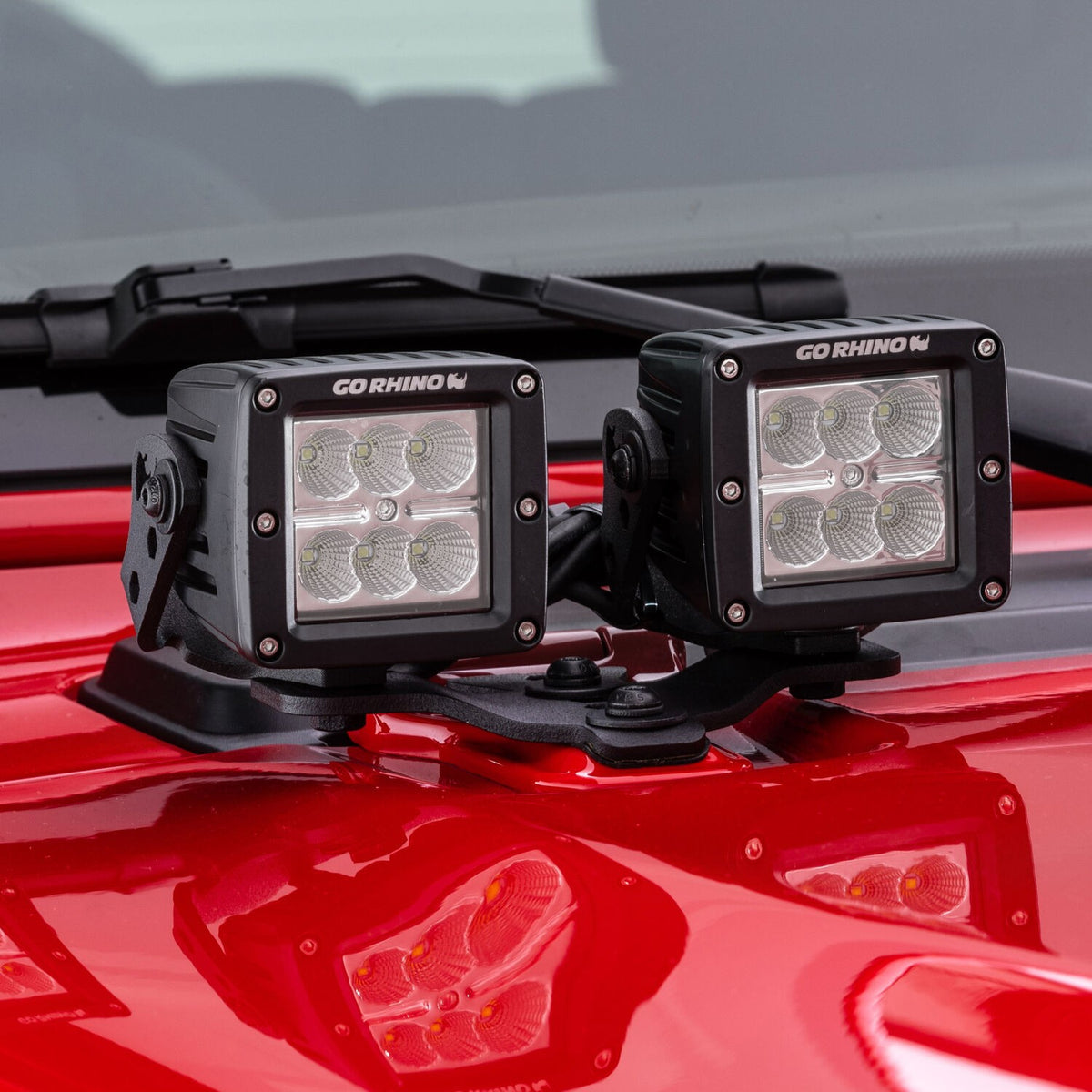 XE Hood Hinge Light Mount for Two 3 Inch X 3 Inch Standard Cube LED's Textured Black 2018-2026 Jeep Wrangler JL 2020-2025 Jeep Gladiator Go Rhino