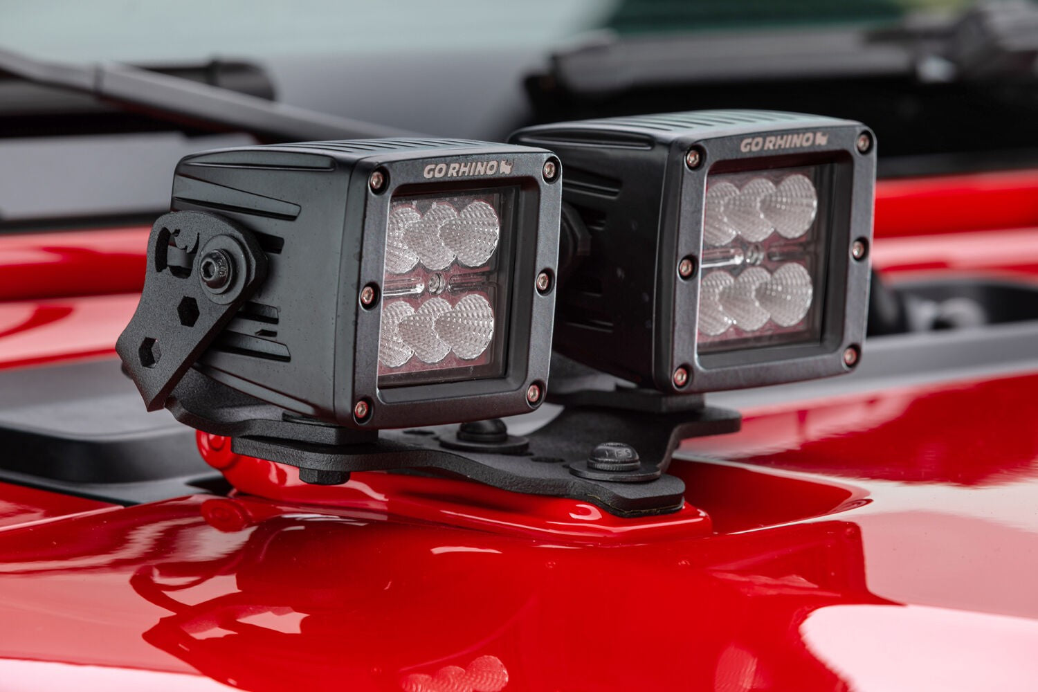 XE Hood Hinge Light Mount for Two 3 Inch X 3 Inch Standard Cube LED's Textured Black 2018-2026 Jeep Wrangler JL 2020-2025 Jeep Gladiator Go Rhino