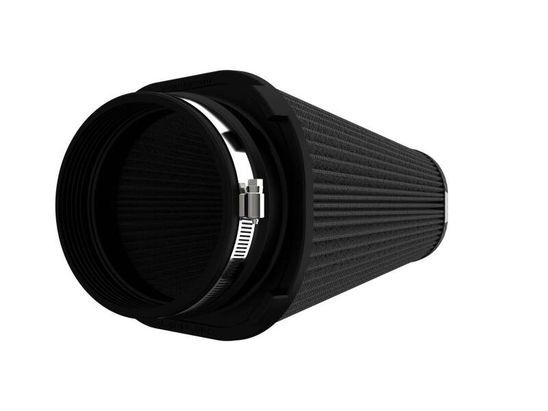 afe Track Series intake replacement air filter featuring a cylindrical design with a black exterior and metal clamp for secure fitting.