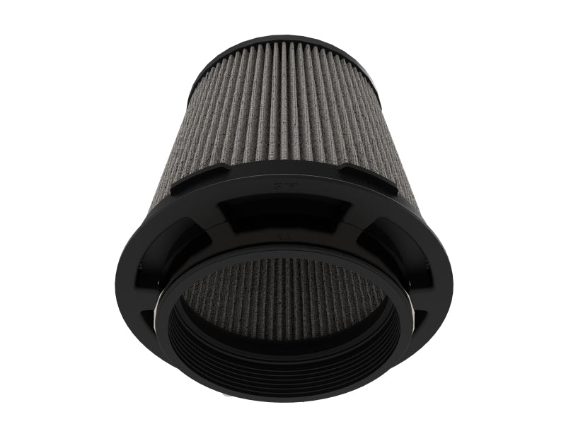 aFe Momentum Pro DRY S replacement air filter with a cylindrical design, featuring a gray pleated filter media and black housing.