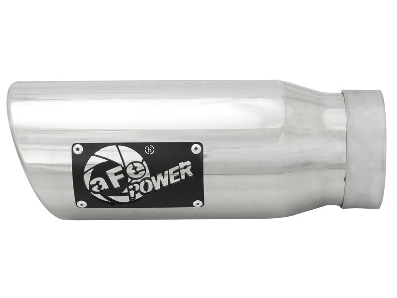 Polished stainless steel afe MACH Force-Xp exhaust tip with 3.5-inch inlet, 4.5-inch outlet, and 12-inch length.