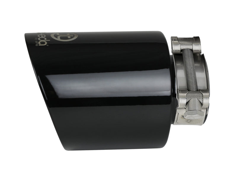 AFE Takeda universal exhaust tip with a 2-1/2 inch inlet, 4-1/2 inch outlet, and 7 inch length, featuring a sleek black finish.