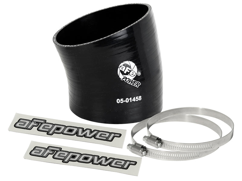Black afe Magnum FORCE Intake Coupling Kit featuring a 15-degree elbow coupler, two clamps, and branded stickers.