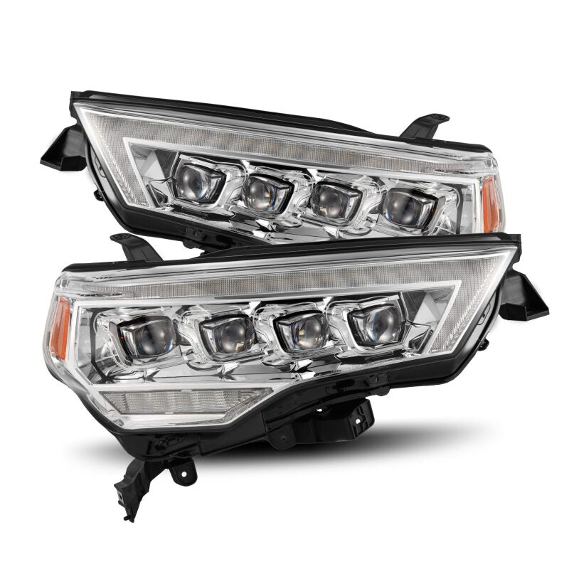 AlphaRex NOVA LED projector headlights for 14-22 Toyota 4Runner with chrome finish, sequential signals, and DRL features.