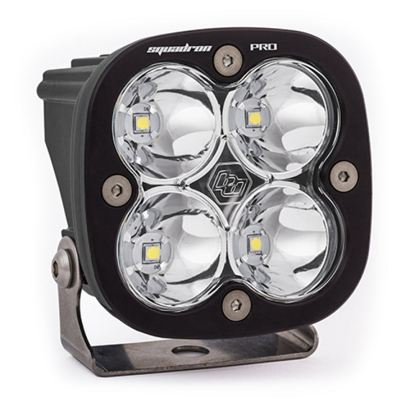 Baja Designs Squadron Pro Spot Pattern Black LED Light Pod with four clear lenses and a sturdy mounting bracket.