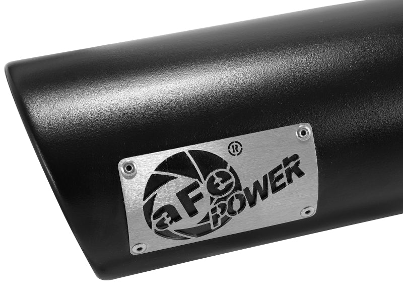 AFE MACH Force-Xp universal exhaust tip featuring a 4-inch inlet, 5-inch outlet, and 12-inch length with a sleek black finish.