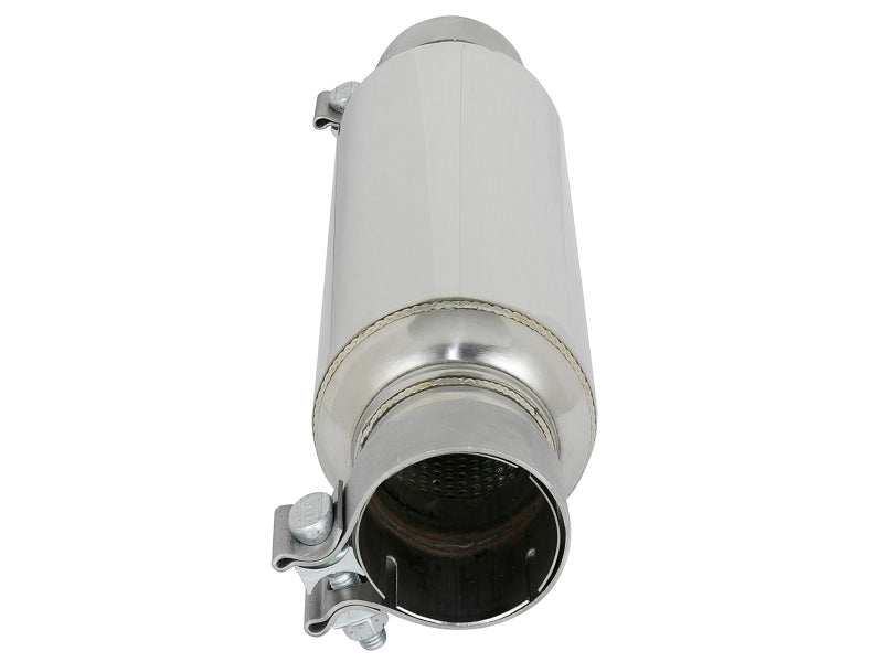 AFE MACH Force-XP resonator featuring a 2.5-inch inlet and outlet, 4-inch diameter, and 15-inch overall length.