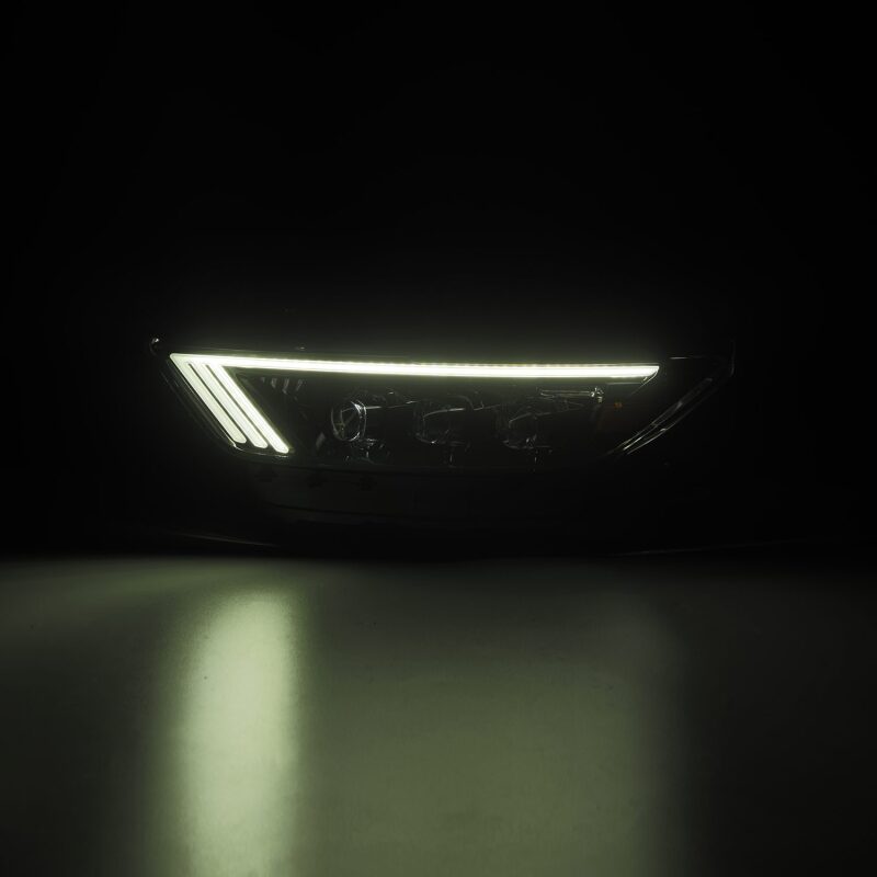 AlphaRex NOVA LED projector headlights for 15-17 Ford Mustang in alpha-black with sequential signal and switchback DRL.