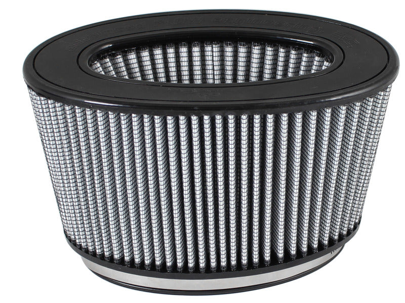 aFe Magnum FLOW Pro DRY S Air Filter with a cylindrical design, featuring a mesh filter element and rubber base for enhanced airflow.