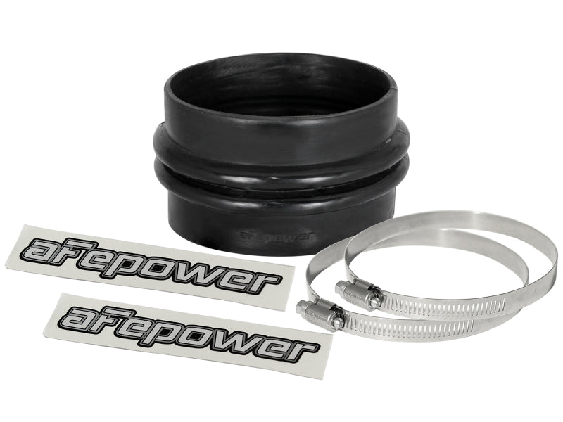 Black afe Magnum FORCE Intake Coupling Kit with straight bellow-coupler, two stainless steel clamps, and branded stickers.