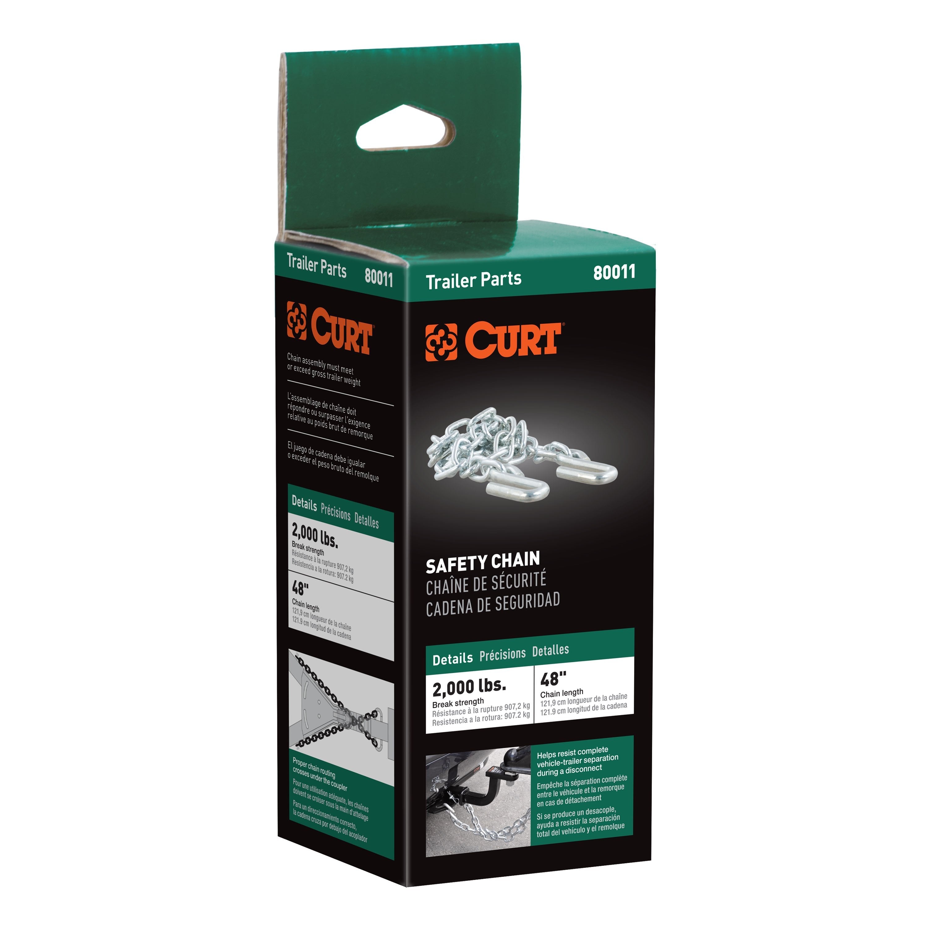 CURT 48-Inch Trailer Safety Chain with 3/8-In S-Hooks, 2,000 lbs Break Strength Model 80011