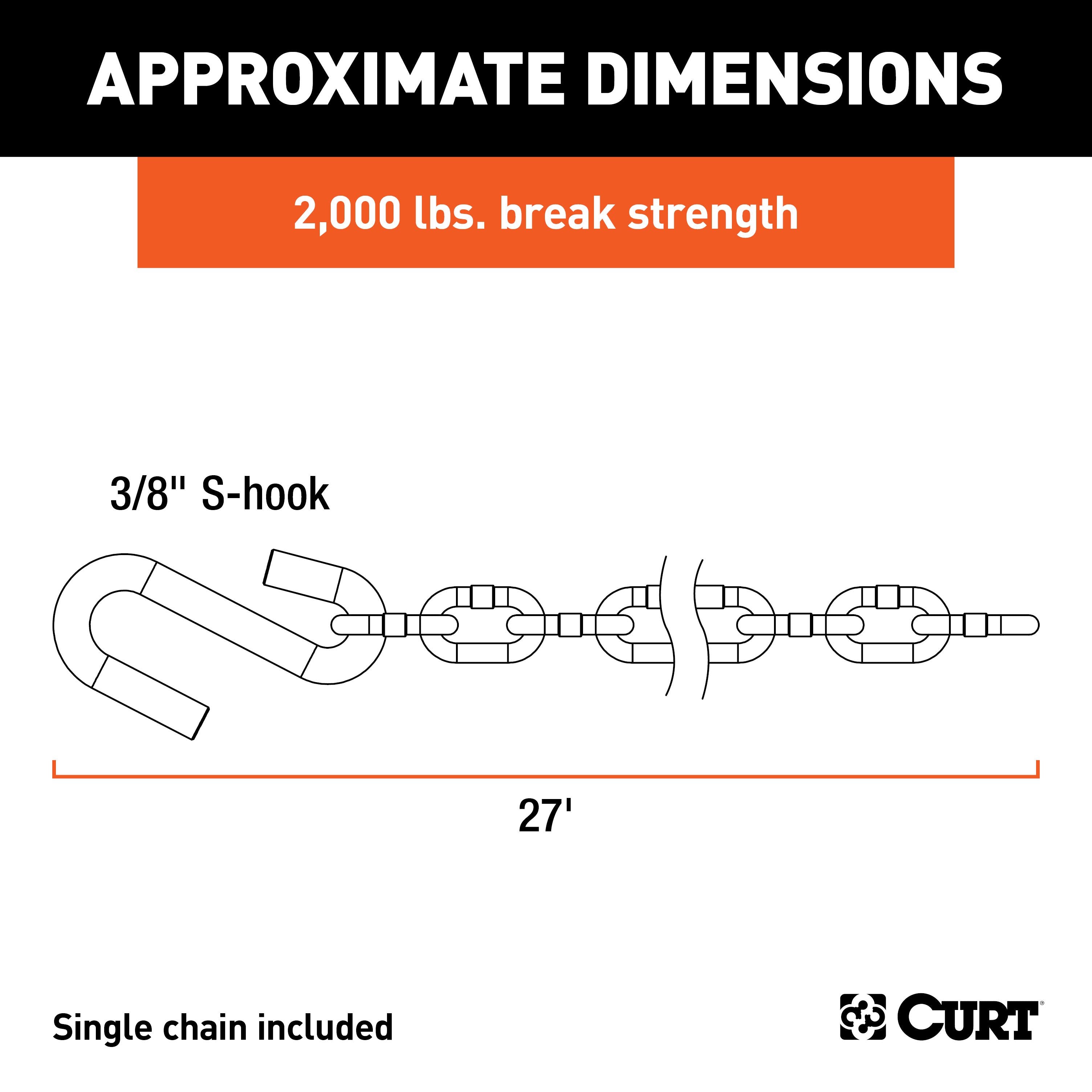 CURT 27-Inch Trailer Safety Chain with 3/8-In S Hook, 2,000 lbs Break Strength Model 80020