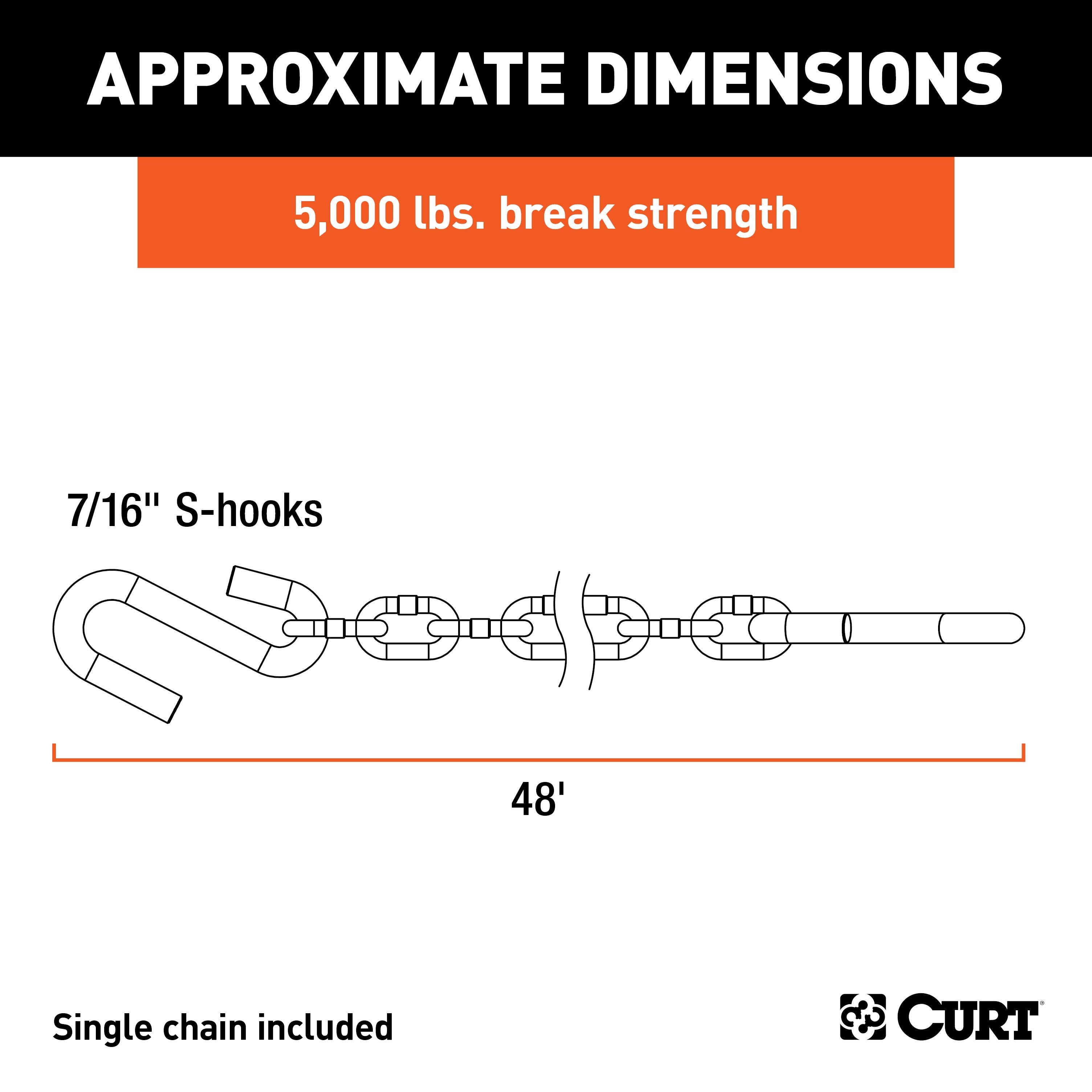 CURT 48-Inch Trailer Safety Chain with 7/16-In S-Hooks, 5,000 lbs Break Strength Model 80030