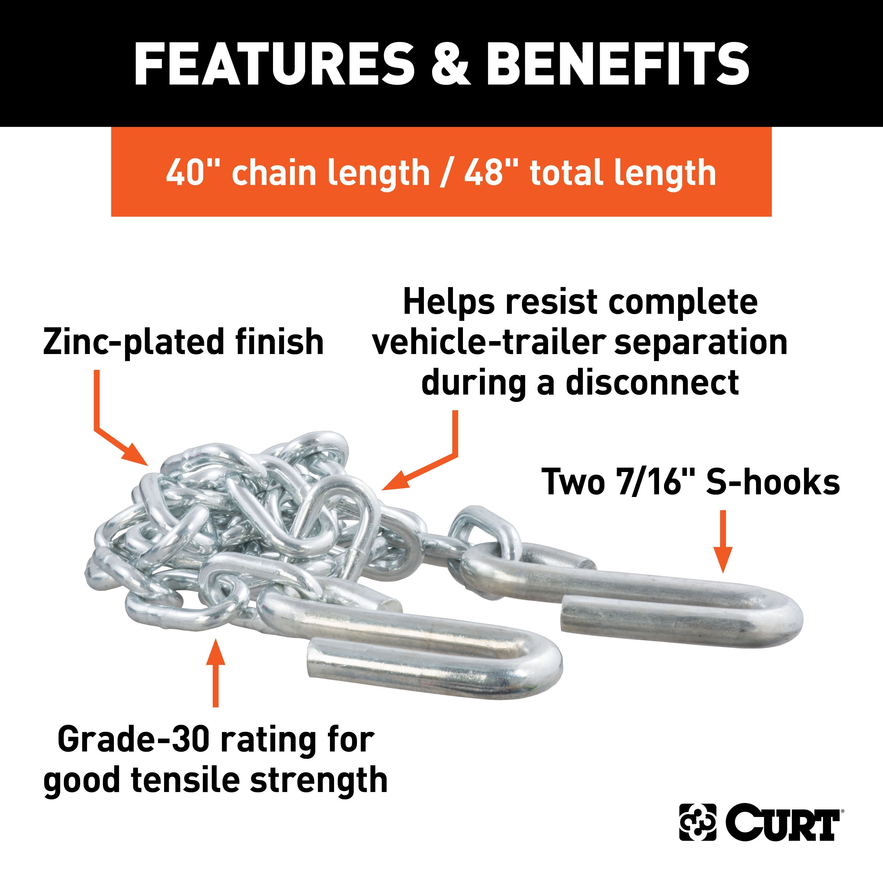 CURT 48-Inch Trailer Safety Chain with 7/16-In S-Hooks, 5,000 lbs Break Strength Model 80031
