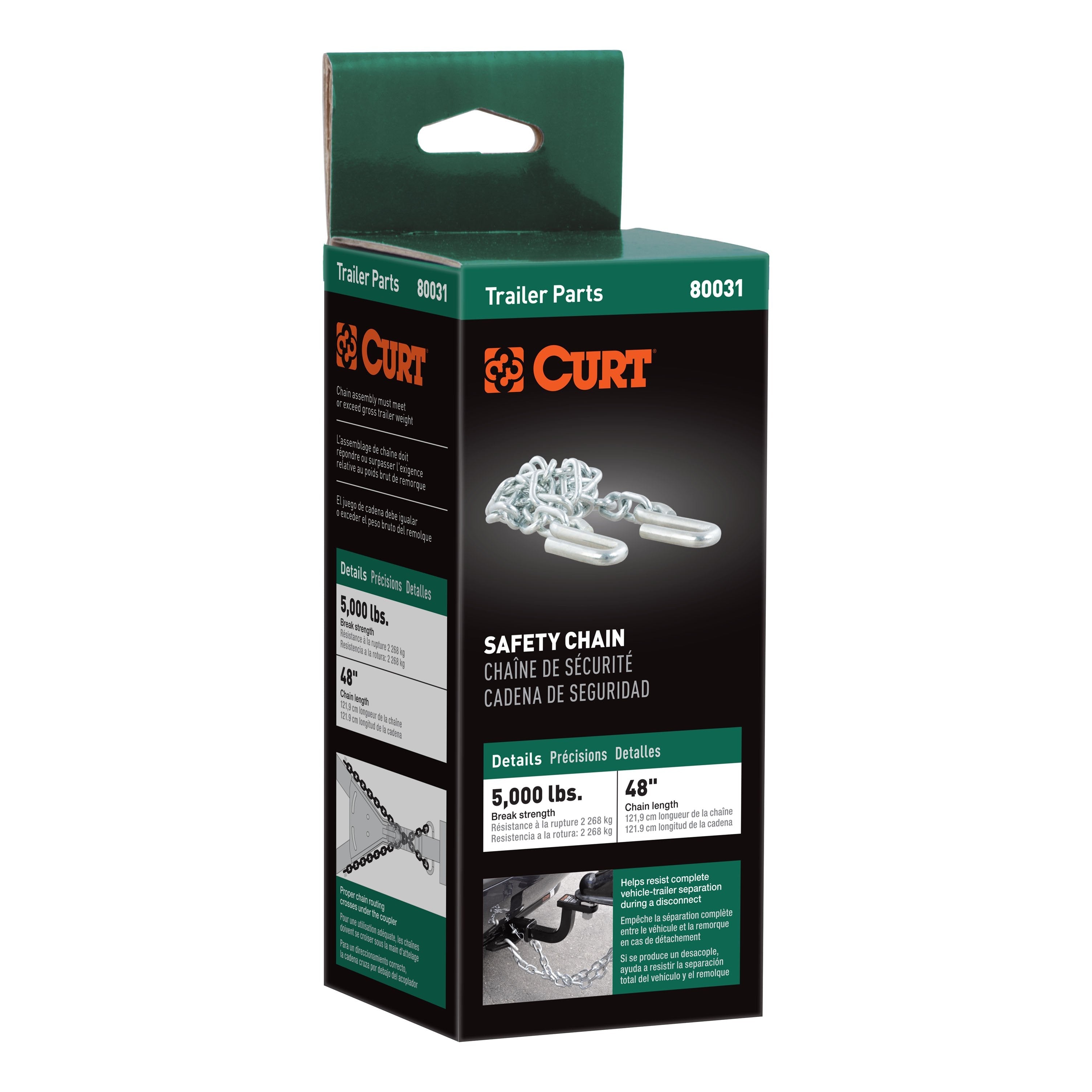 CURT 48-Inch Trailer Safety Chain with 7/16-In S-Hooks, 5,000 lbs Break Strength Model 80031