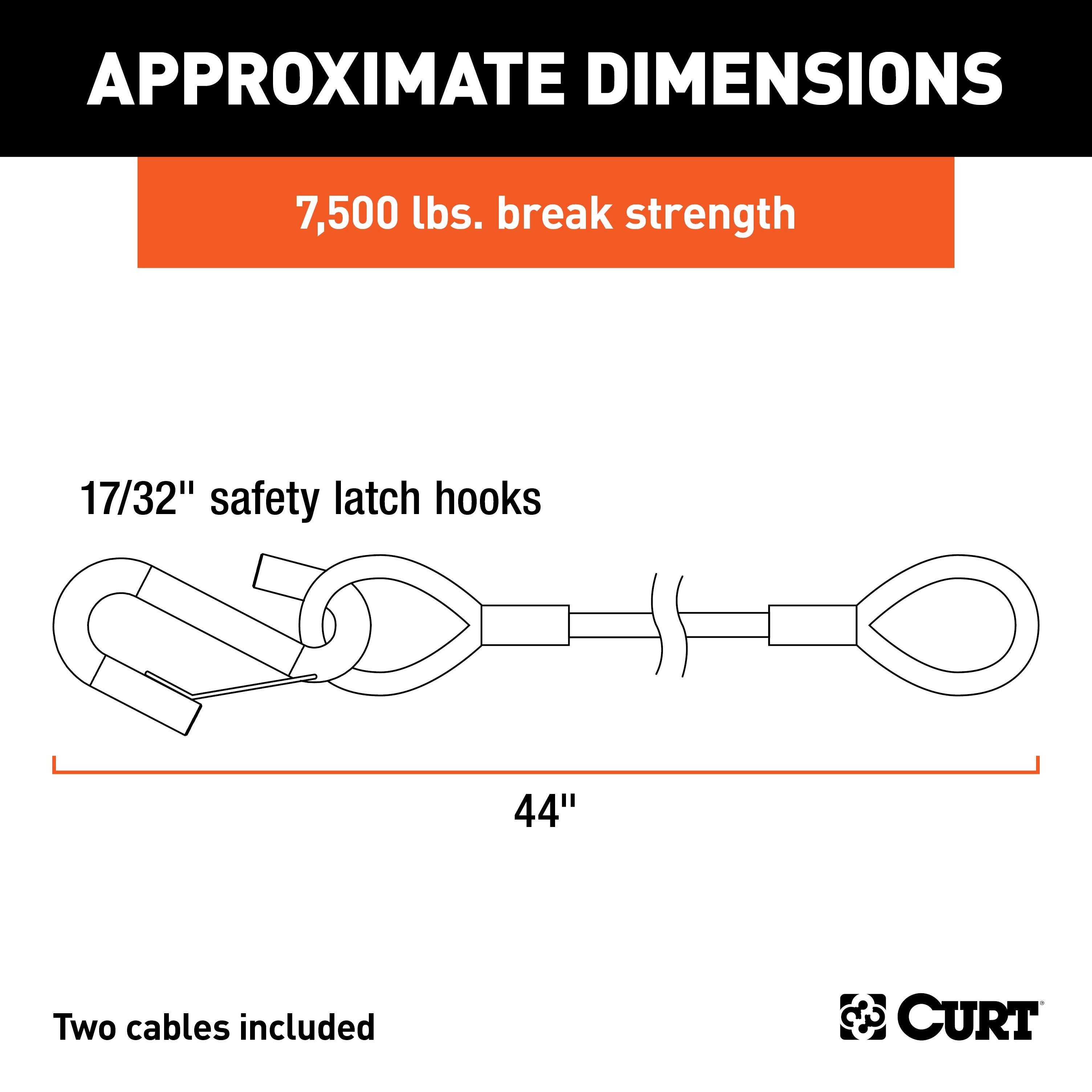 CURT 44-Inch Vinyl-Coated Trailer Safety Cables, 17/32-In Snap Hooks, 7,500 lbs Break Strength, 2-Pack Model 80176