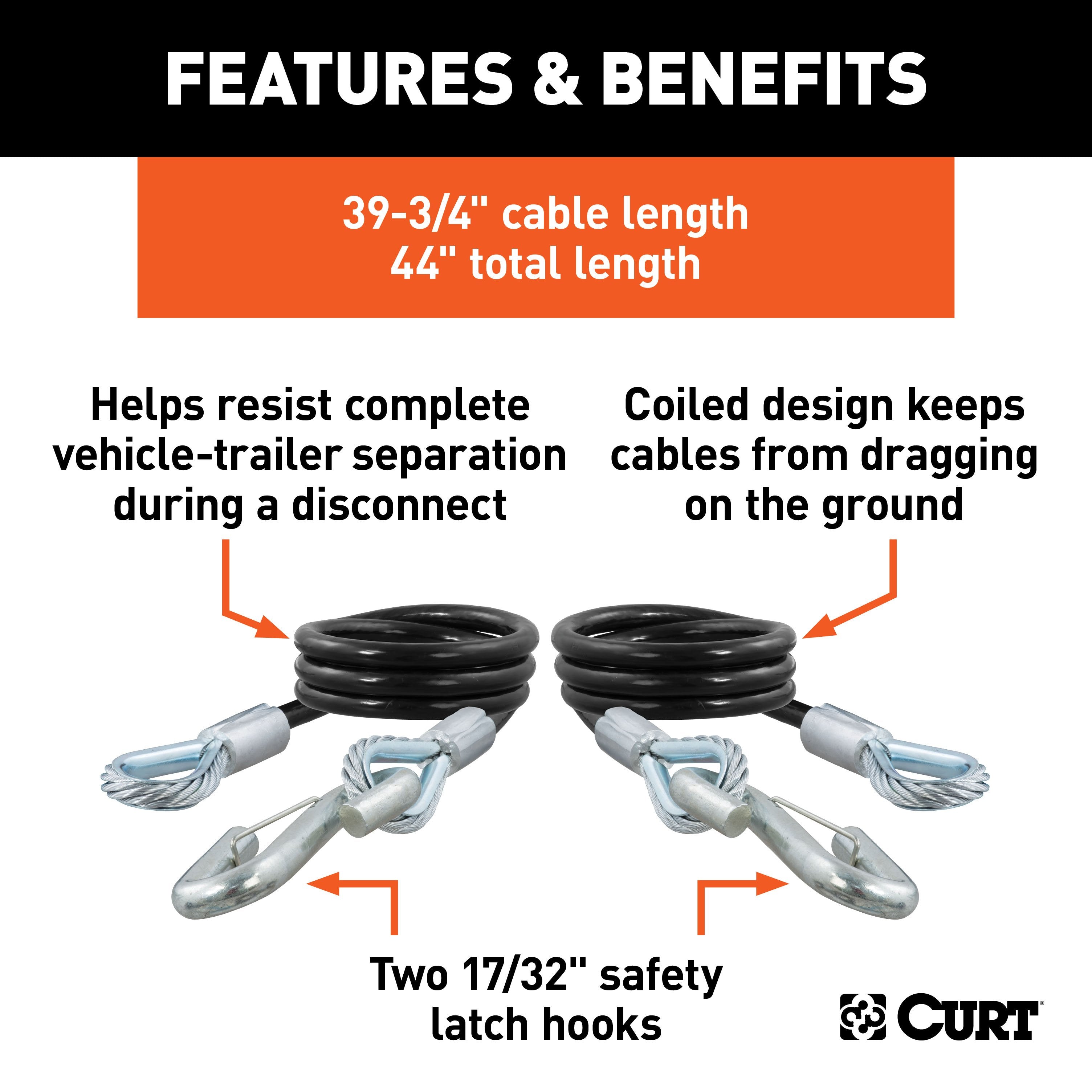 CURT 44-Inch Vinyl-Coated Trailer Safety Cables, 17/32-In Snap Hooks, 7,500 lbs Break Strength, 2-Pack Model 80176