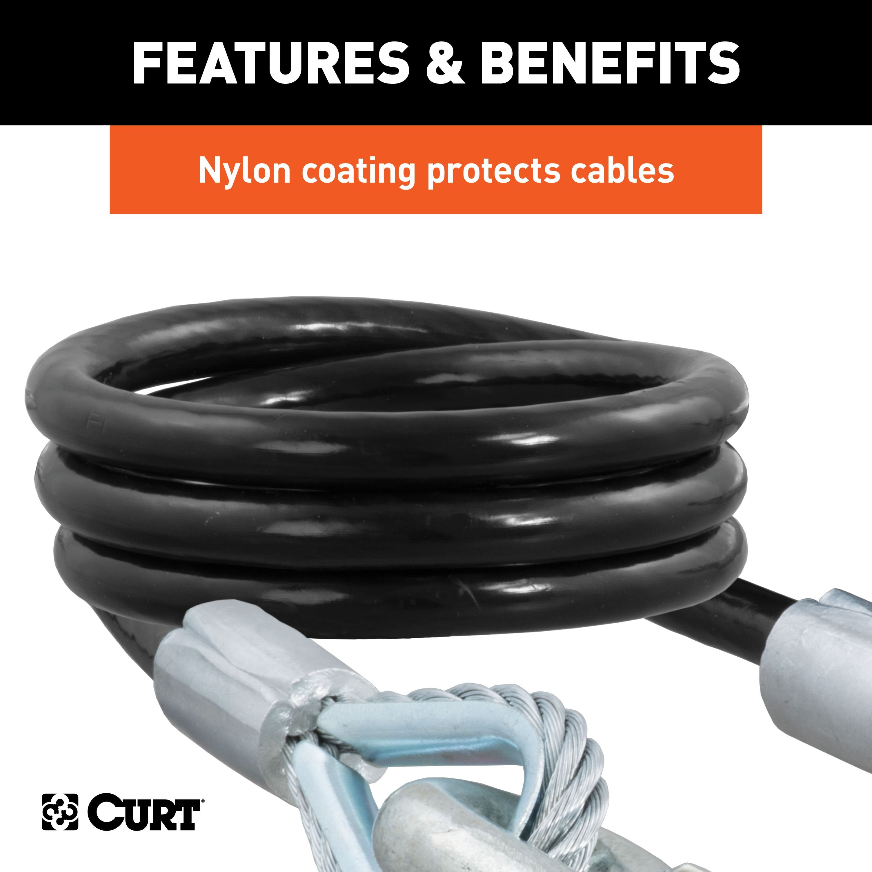 CURT 44-Inch Vinyl-Coated Trailer Safety Cables, 17/32-In Snap Hooks, 7,500 lbs Break Strength, 2-Pack Model 80176