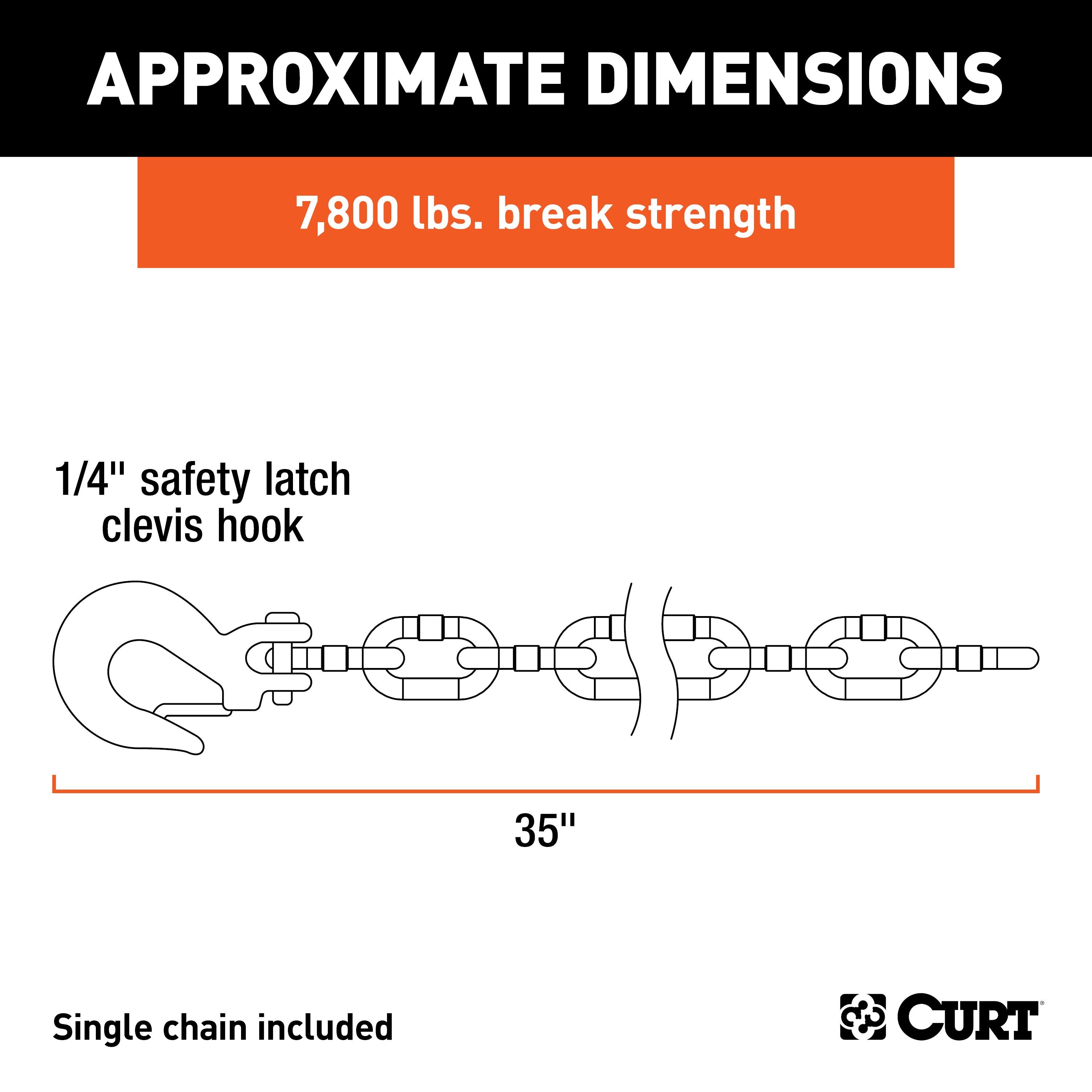 CURT 35-Inch Trailer Safety Chain with 1/4-In Clevis Snap Hook, 7,800 lbs Break Strength Model 80302