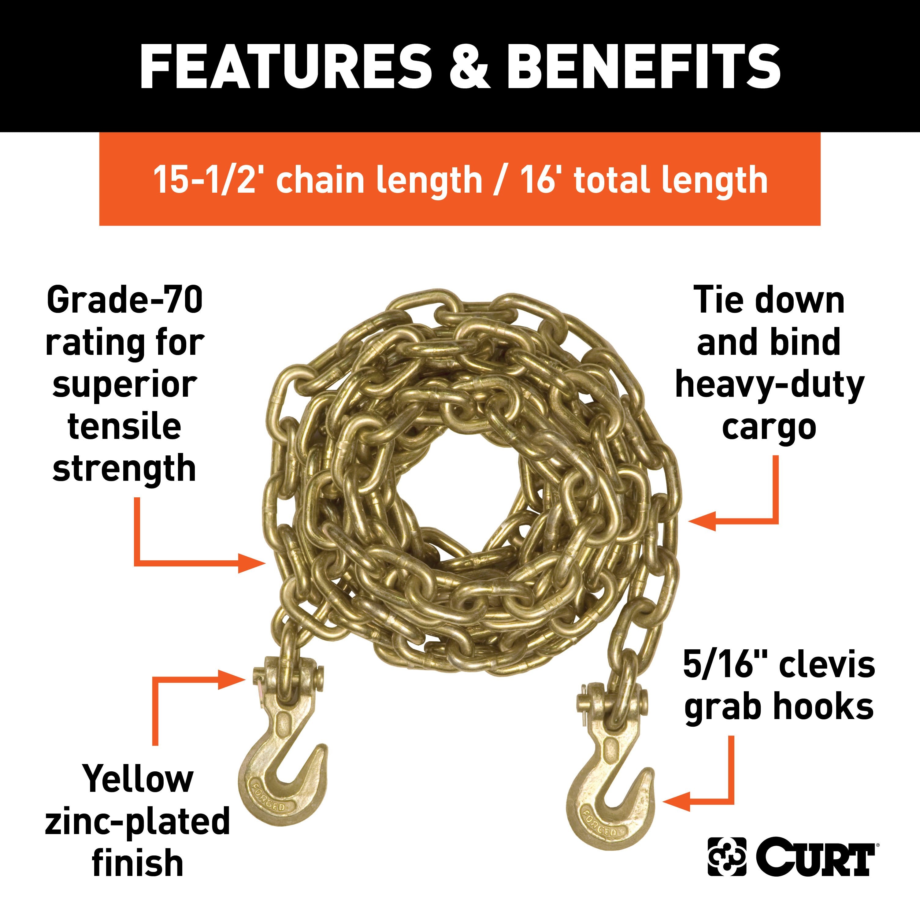CURT 16-Foot Transport Binder Chain, 5/16-Inch Clevis Hooks, 18,800 lbs Break Strength, Load Tie-Down, Trailer, Flatbed Model 80306