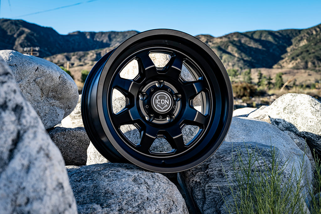 Nuevo 17 X 8.5 / 5 X 5 -6MM Offset 4.5 Inch Back Space Satin Black, ICON Alloys