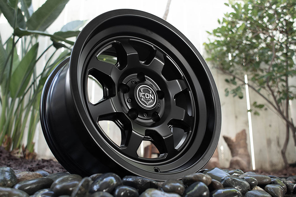Nuevo 17 X 8.5 / 6 X 5.5 0MM Offset 4.75 Inch Back Space Satin Black, ICON Alloys