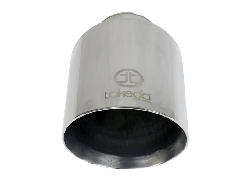 Polished afe Takeda universal exhaust tip with a 2-1/2 inch inlet, 4-1/2 inch outlet, and 7 inch length.