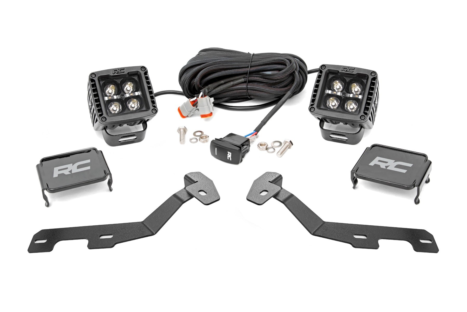 LED Light Kit Ditch Mount 2 Inch Black Pair White DRL Ram 1500 (19-26) Rough Country