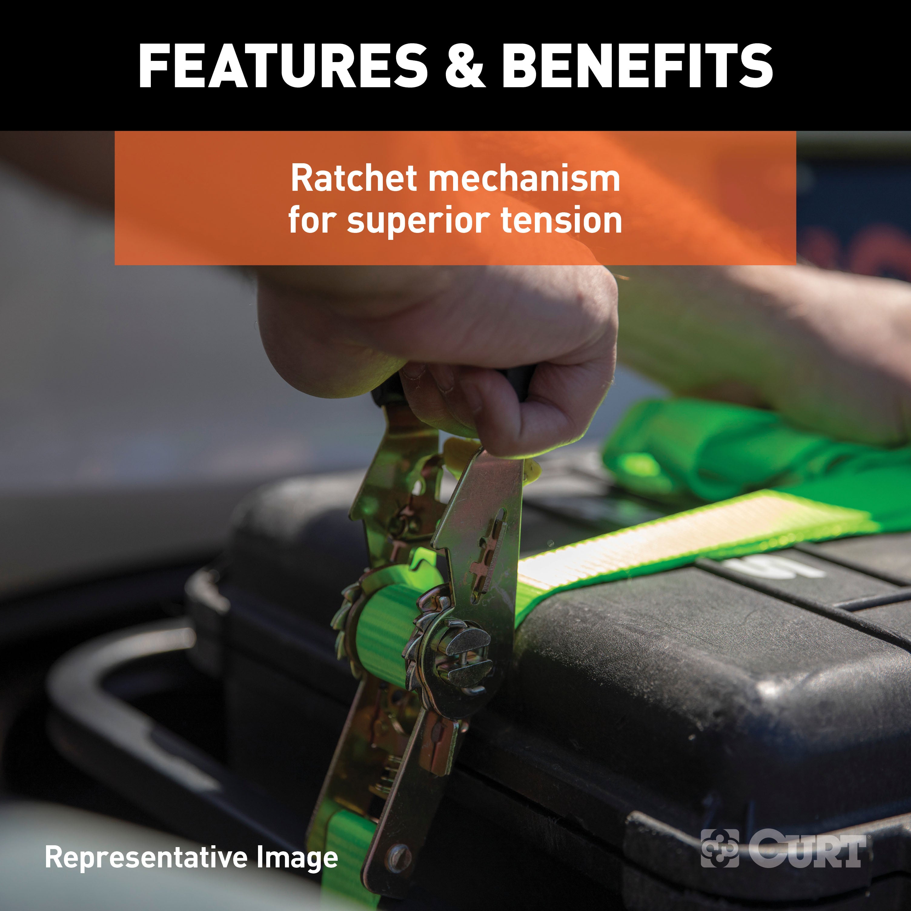 CURT 1-Inch x 16-Foot Lime Green Nylon Ratchet Straps, 3,300 lbs. Break Strength, 2-Pack Model 83028