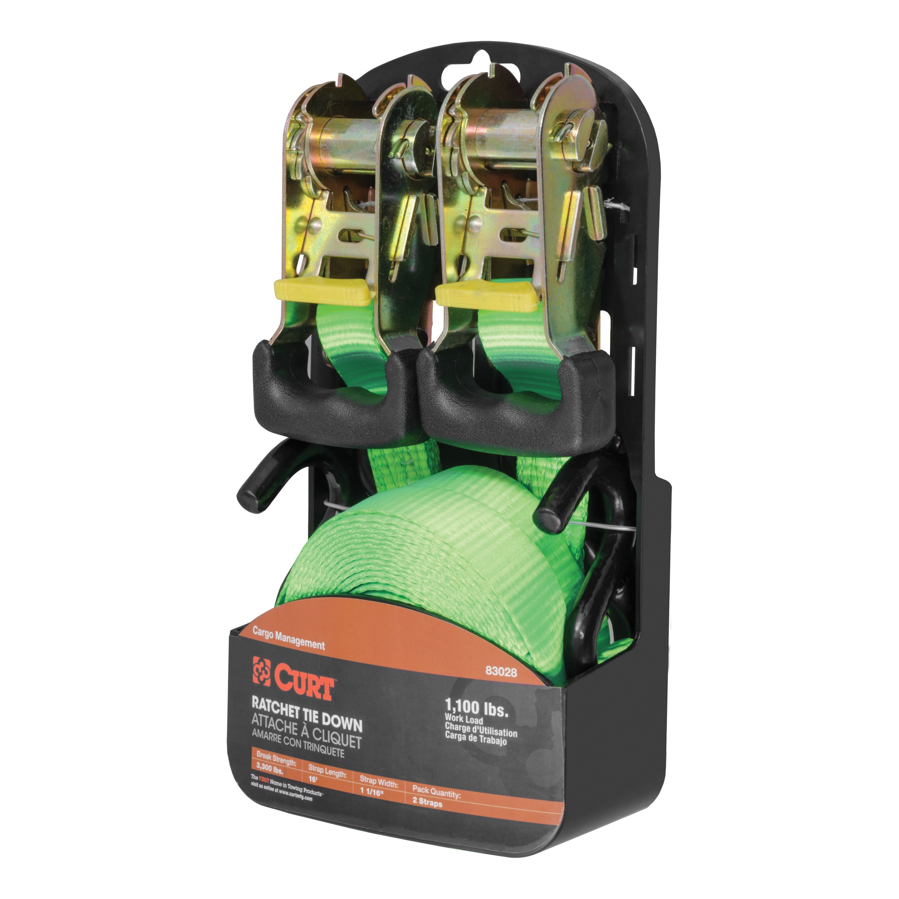 CURT 1-Inch x 16-Foot Lime Green Nylon Ratchet Straps, 3,300 lbs. Break Strength, 2-Pack Model 83028