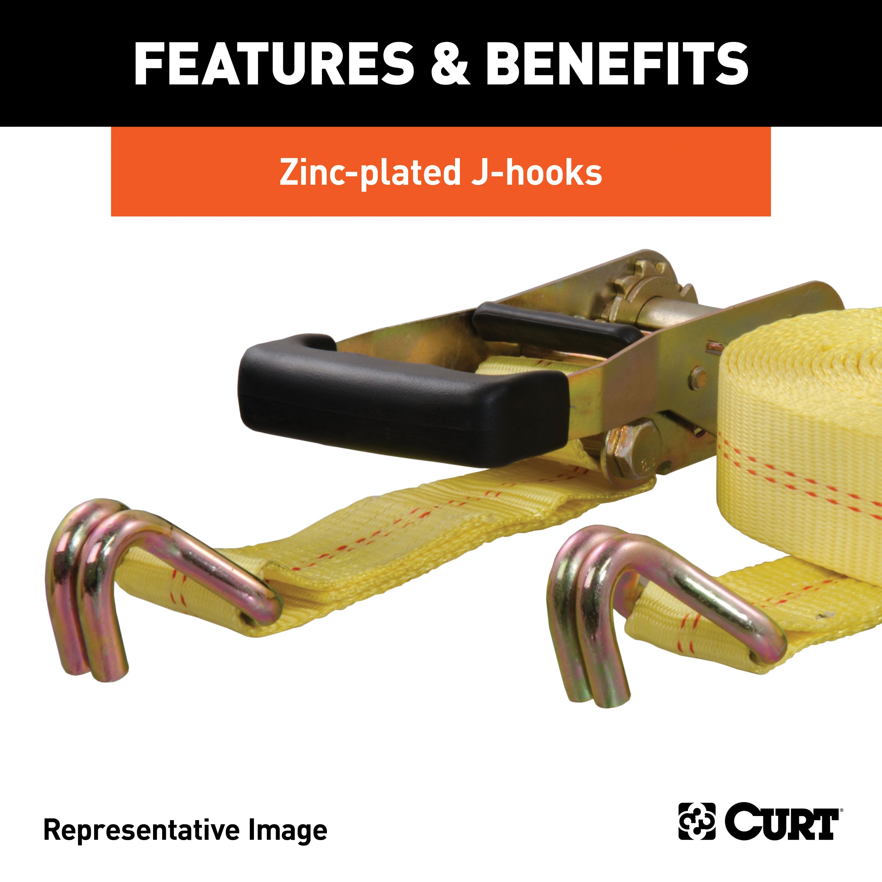 CURT 1-1/2-Inch x 14-Foot Yellow Nylon Ratchet Strap, 5,000 lbs. Break Strength Model 83036