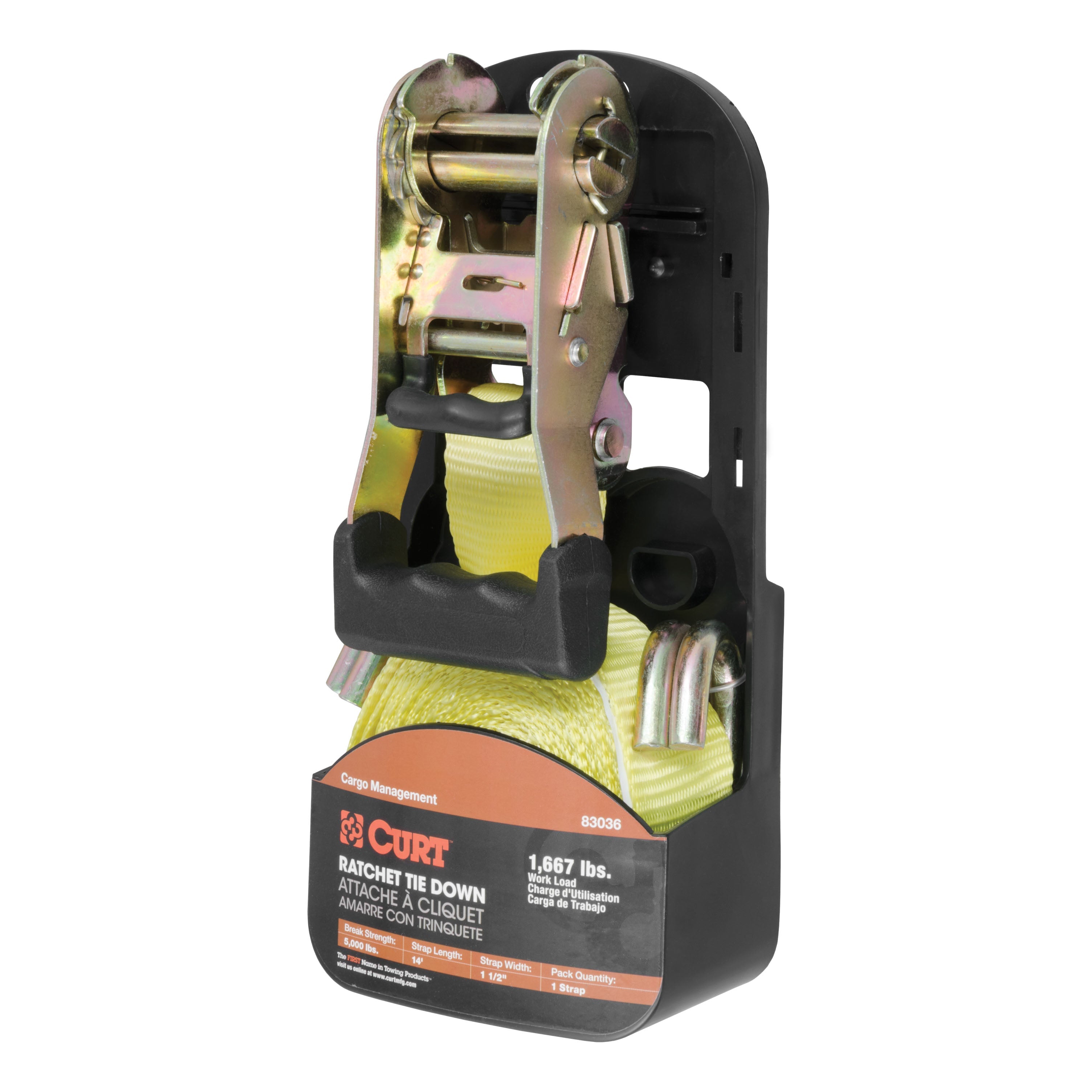 CURT 1-1/2-Inch x 14-Foot Yellow Nylon Ratchet Strap, 5,000 lbs. Break Strength Model 83036