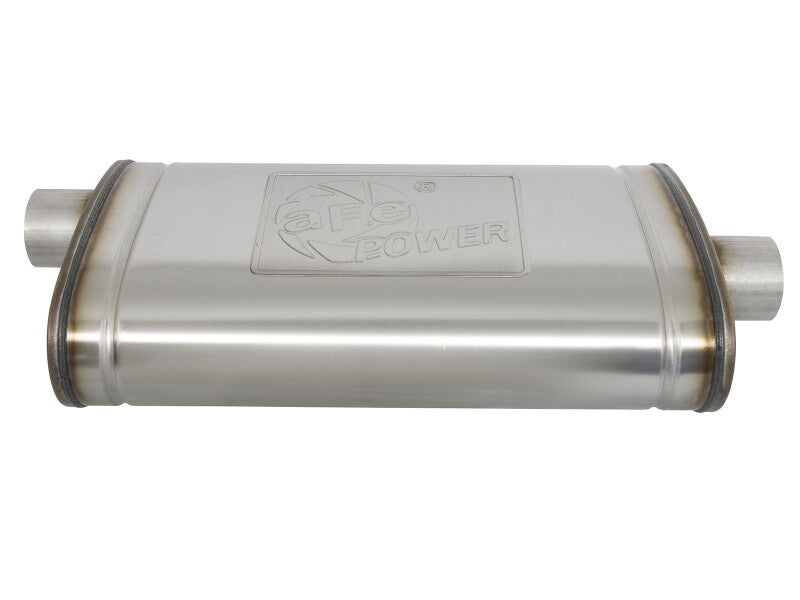 aFe MACH Force-Xp muffler with oval body, featuring a 3-inch inlet and offset outlet, designed for enhanced exhaust flow.