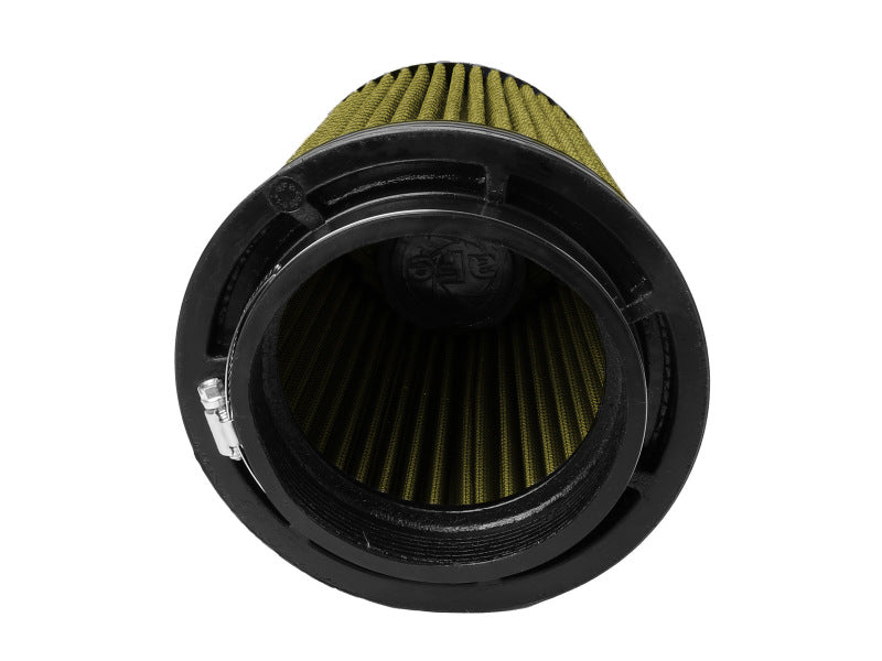 Inverted air filter with a cylindrical design, featuring a pleated green filter media and black rubber base.