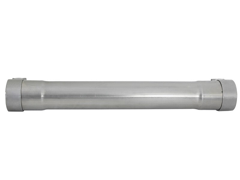 Aluminum afe MACH Force-Xp resonator delete pipe with 3-inch inlet and outlet, 19-inch overall length, includes clamps.
