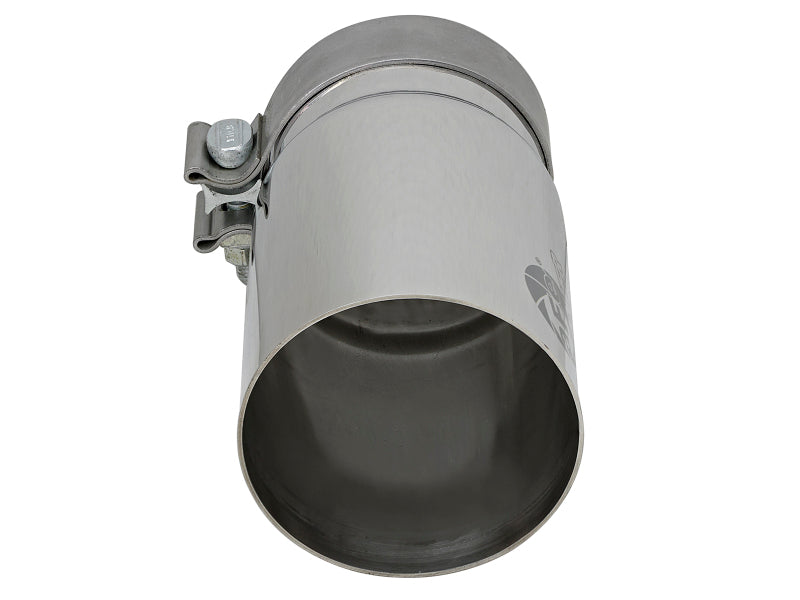 Polished stainless steel afe MACH Force-Xp exhaust tip with a 3-1/2 inch inlet, 4 inch outlet, and 7 inch length.