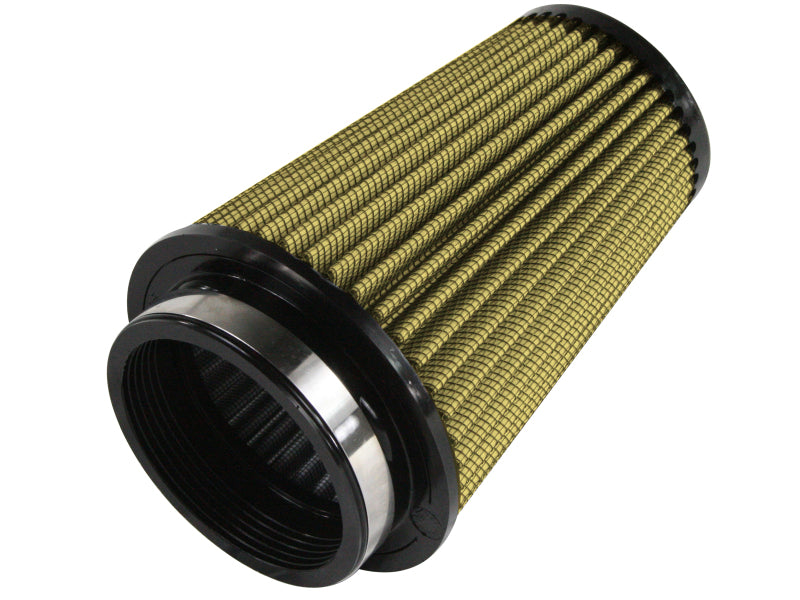 afe Magnum FORCE Intake Replacement Air Filter with a cylindrical design, featuring a pleated filter media for enhanced airflow.