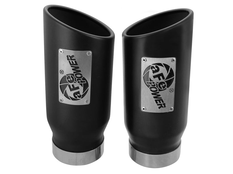 Black afe MACH Force-Xp universal exhaust tips with a 4-inch inlet, 5-inch outlet, and 12-inch length for enhanced performance.