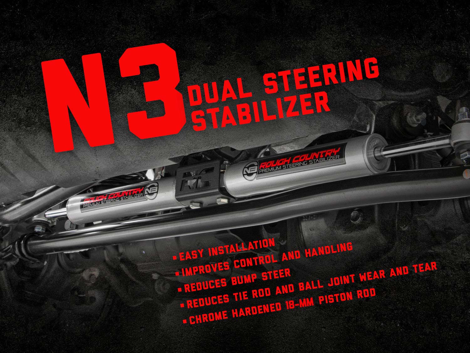 N3 Steering Stabilizer Dual 2-8 Inch Lift Ram 2500 (10-13)/3500 (10-12) Rough Country