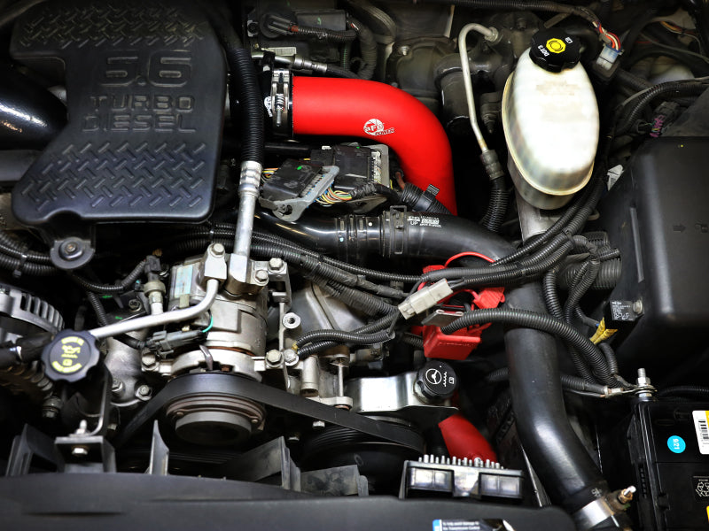 Red BladeRunner charge pipes installed in a GM diesel truck engine bay, enhancing airflow for 2006-2010 V8-6.6L models.