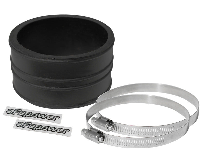 Black afe Magnum FORCE Intake Coupling Kit featuring a straight coupler, two stainless steel clamps, and branding stickers.