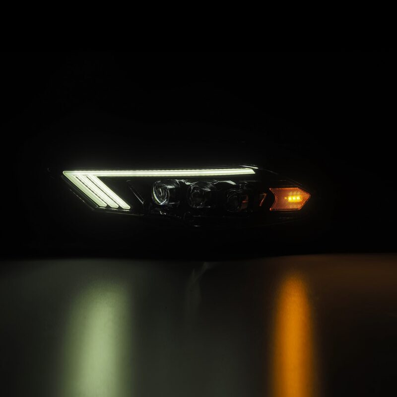 AlphaRex NOVA-Series LED projector headlights for 2018-2022 Ford Mustang in black, showcasing sleek design and bright illumination.