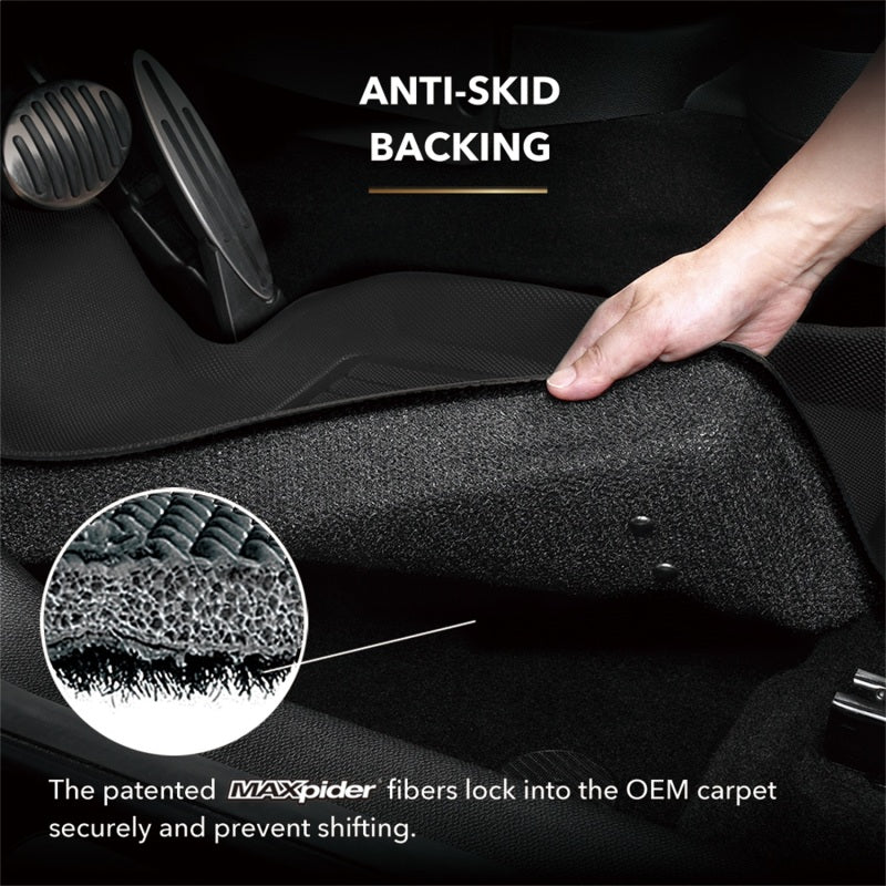 3D MAXpider 2026 Tesla Model Y black floormats with anti-skid backing for secure fit and protection in 1st and 2nd rows.