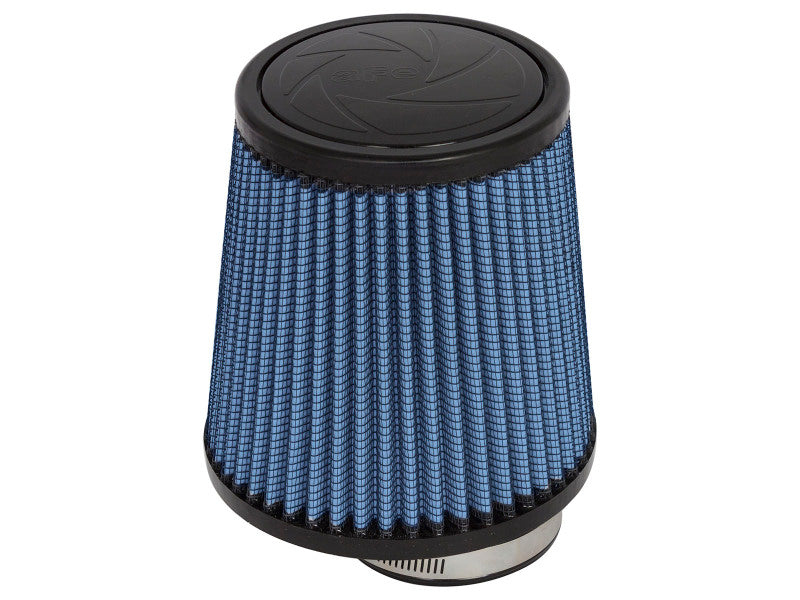 afe Magnum FLOW universal air filter with a blue mesh design, featuring an offset inlet and compact dimensions for optimal airflow.