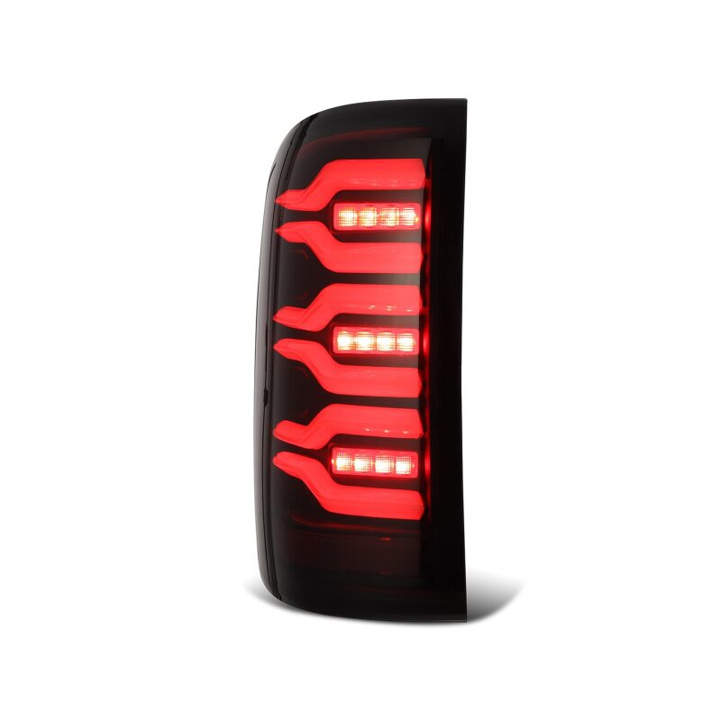 AlphaRex LUXX-Series LED tail lights for 14-18 GMC Sierra 1500/2500HD/3500HD in black with active lighting and sequential signals.
