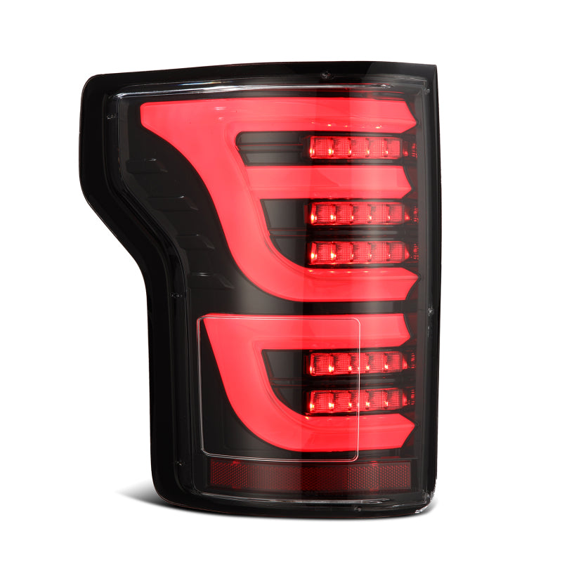 AlphaRex Luxx-Series LED tail light for 2015-2020 Ford F150 in alpha-black finish, featuring modern design and bright LEDs.