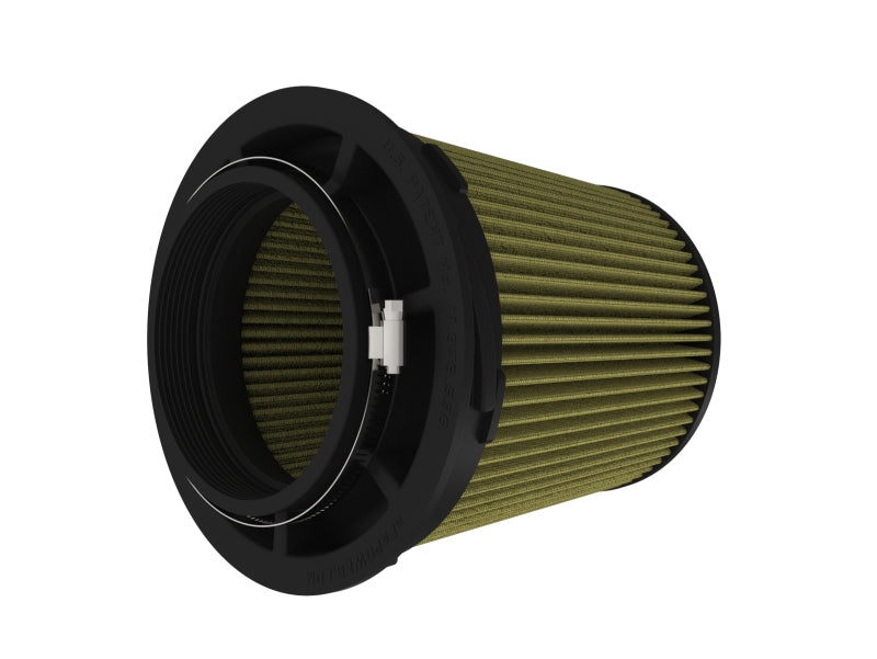 afe Momentum Intake Replacement Air Filter features a cylindrical design with a black frame and green filter media, measuring 5.5 inches at the front, 8 inches at the back, and 9 inches in height.